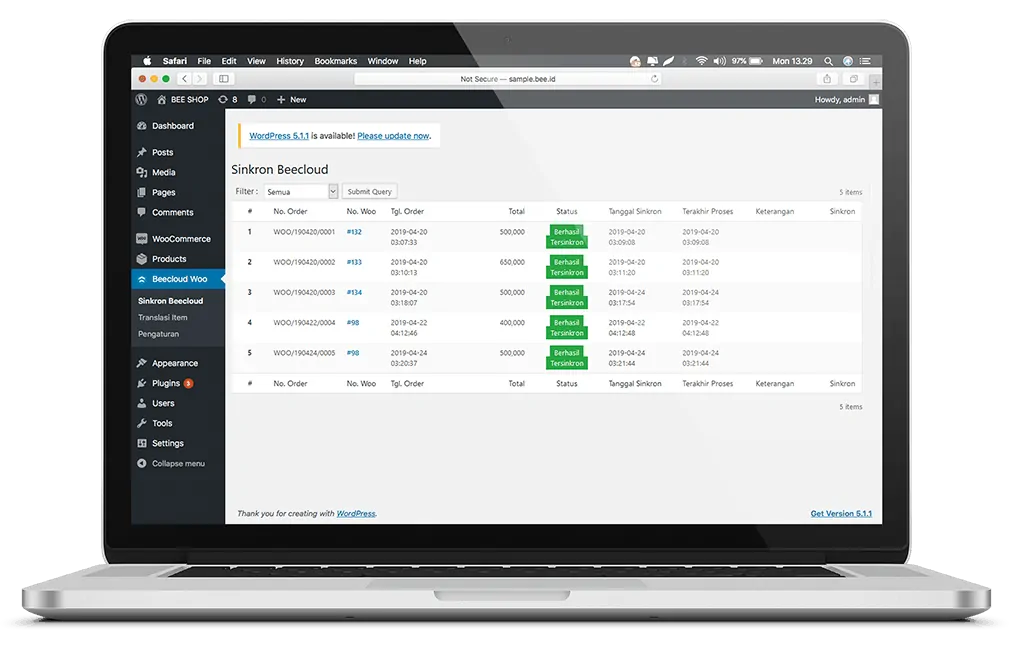 Tampilan Sinkronisasi Transaksi WooCommerce ke Beecloud