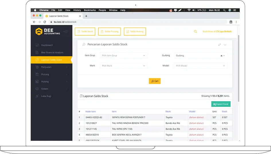 Screenhot Laporan Stok BA Dashboard di Laptop