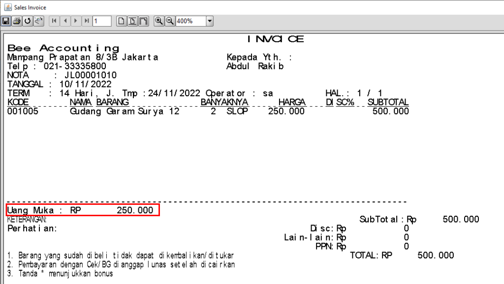 Cara Menampilkan Uang Muka Di Nota Penjualan Beeaccounting 0509