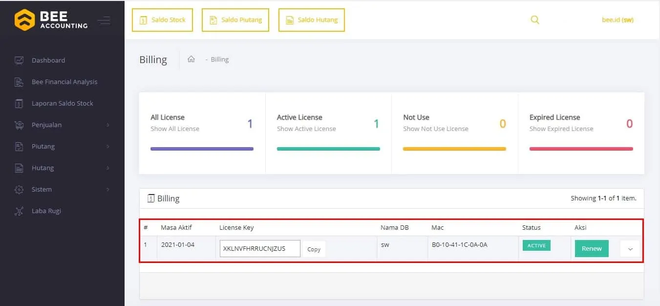 Perpanjang(Renewal) Masa Langganan Beeaccounting Dashboard