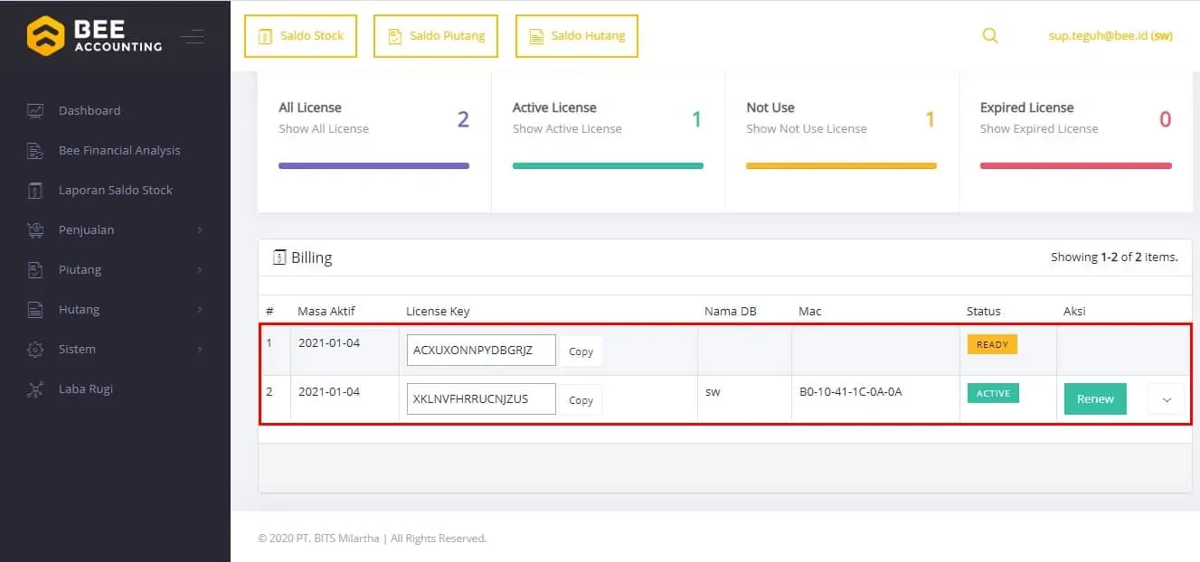 Perpanjang(Renewal) Masa Langganan Beeaccounting Dashboard