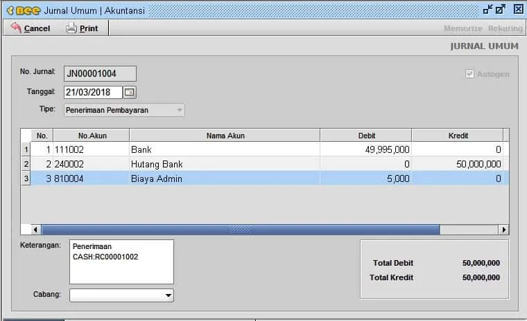 Penerimaan Hutang dipotong Biaya Admin Beeaccounting