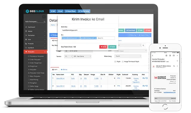 Tampilan Kirim Invoice via Email Beecloud di Laptop Hape