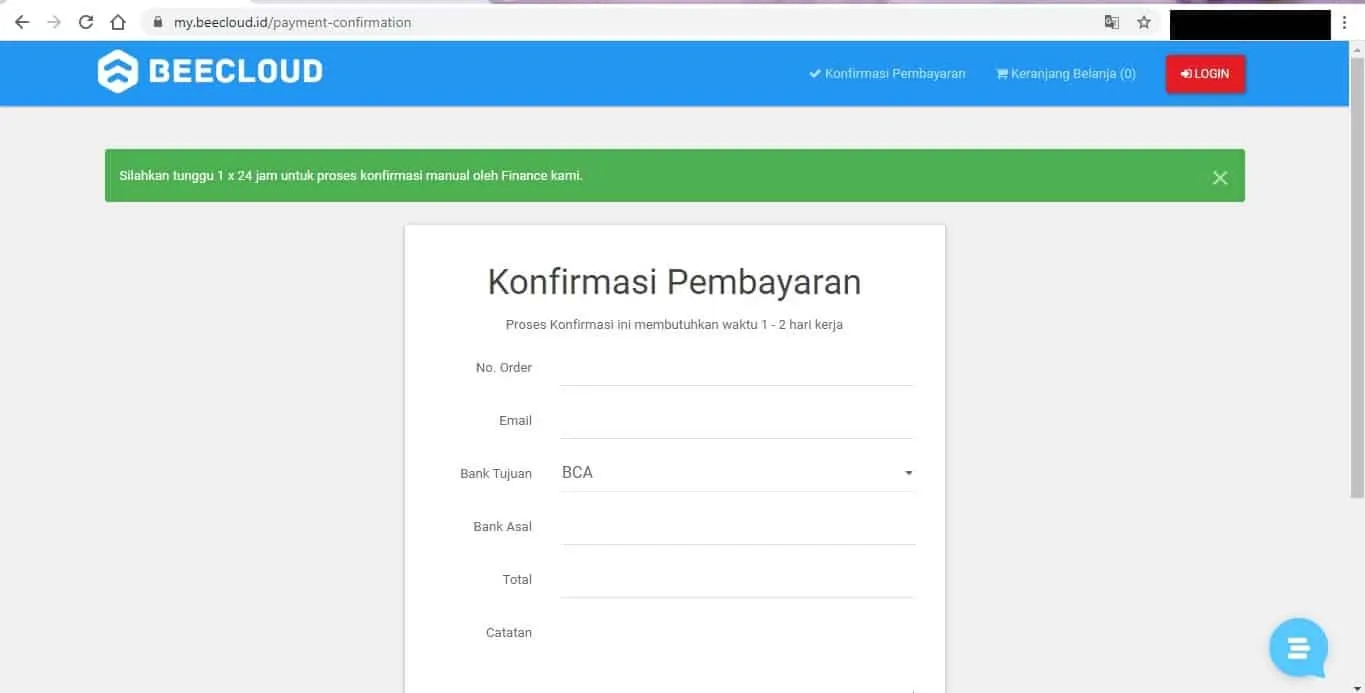 Konfirmasi Pembayaran - Order Beecloud