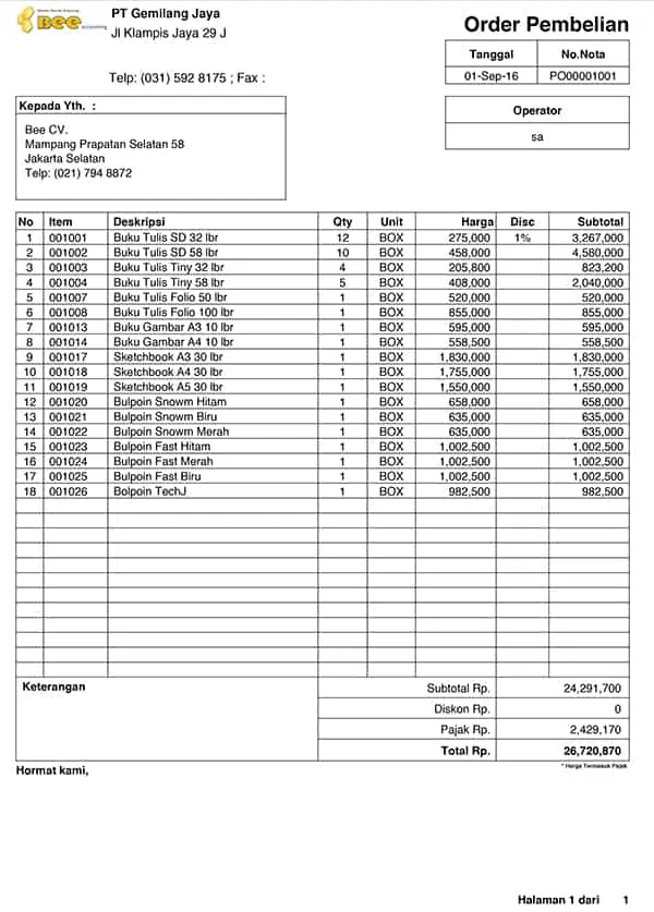 Contoh Print PO Pakai Software