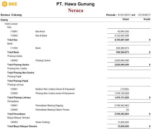 Contoh Pembukuan Akuntansi Laporan Neraca di Bee