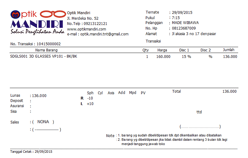 cetak nota penjualan optik kacamata