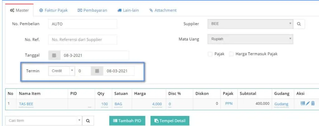 Order Pembelian Dengan DP / Uang Muka