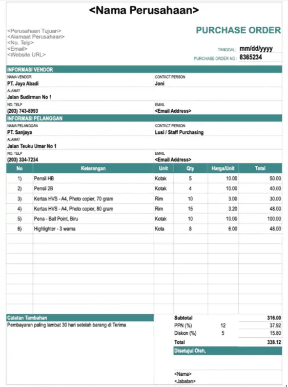 contoh surat purchase order