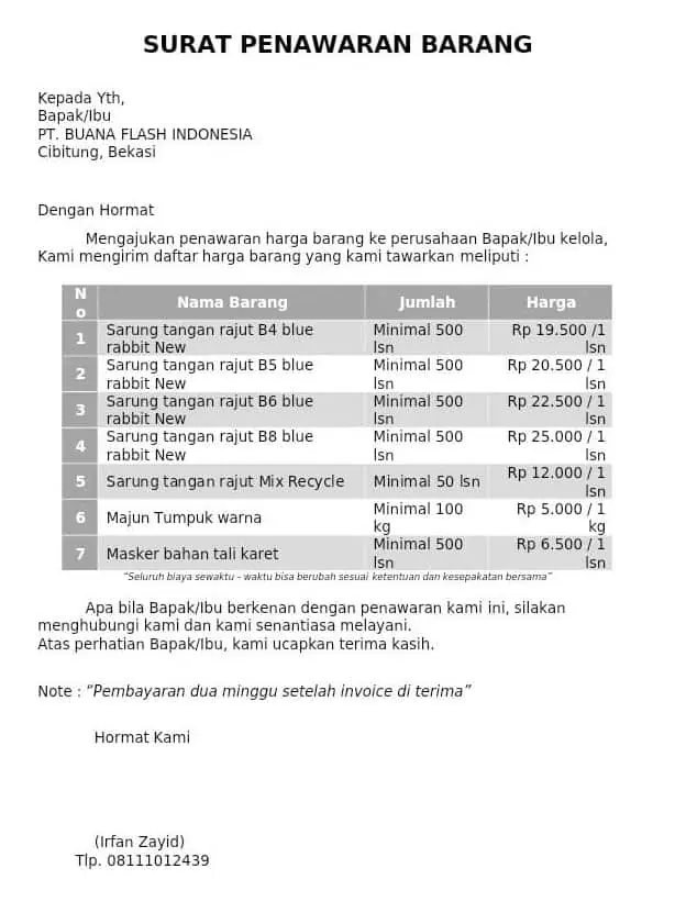 Contoh Surat Penawaran Barang Sarung Tangan