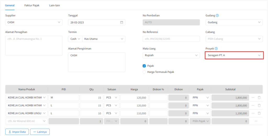 Cara Input Pembelian Per Proyek Beecloud Bee Id