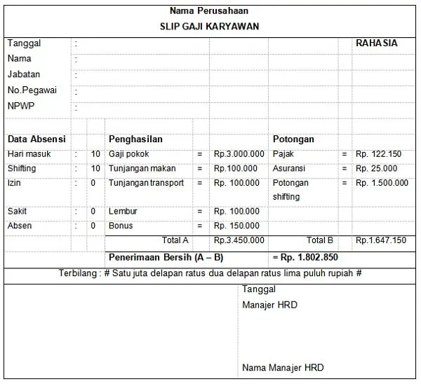 Contoh Slip Gaji Excel