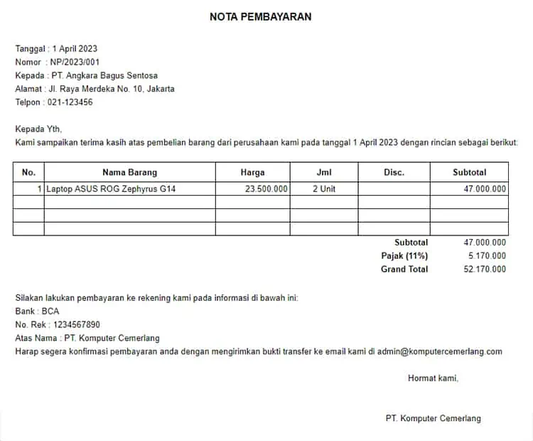 Contoh Nota Pembayaran Pembelian Laptop