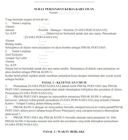 Contoh Surat Perjanjian Kontrak Kerja Sederhana