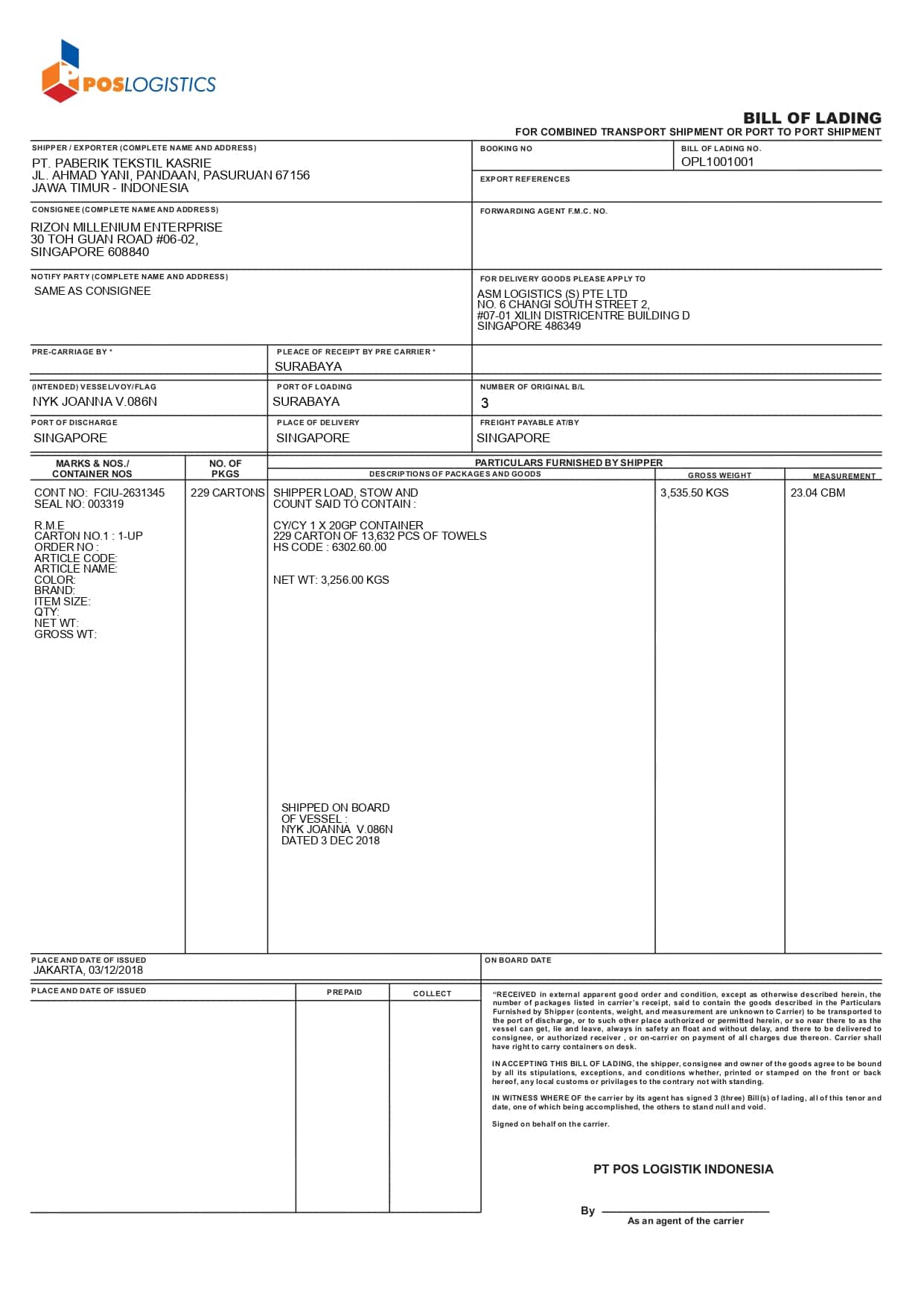 Contoh Bill Of Lading, Pengertian, Jenis Dan Fungsinya