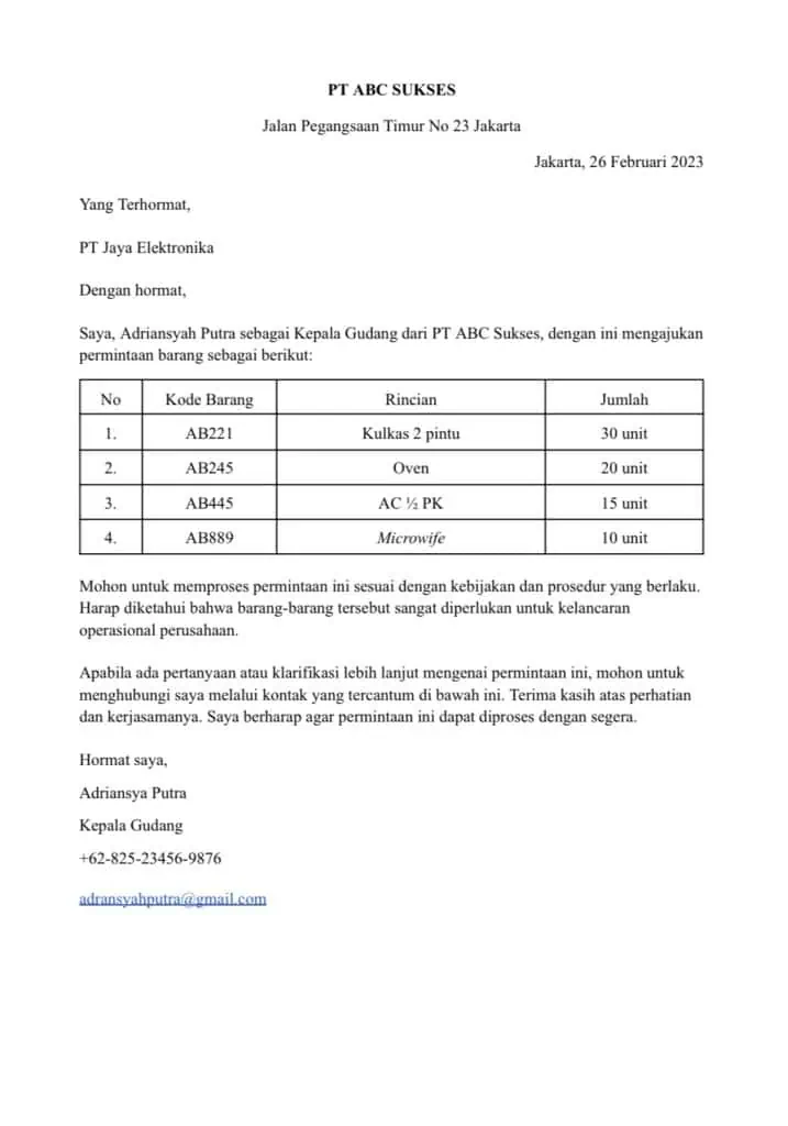 Contoh Surat Permintaan Elektronik