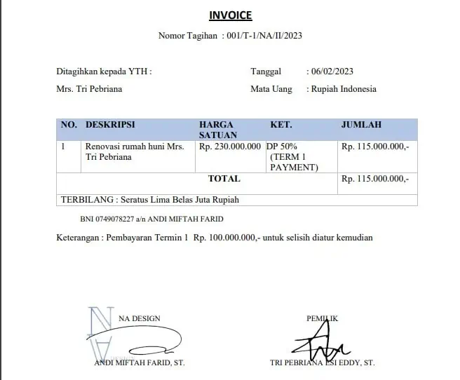 Contoh invoice pembayaran dengan termin