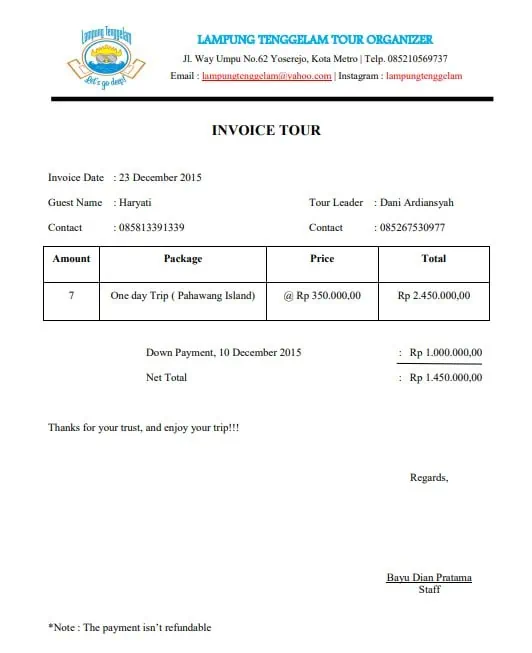 Contoh Invoice Travel