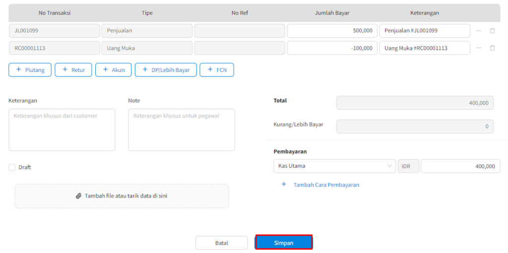 Order Penjualan Dengan DP / Uang Muka Beecloud 3.0