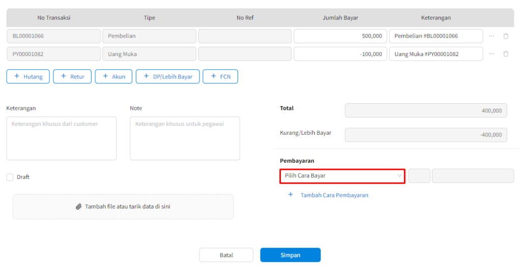 Order Pembelian Dengan DP / Uang Muka Beecloud 3.0