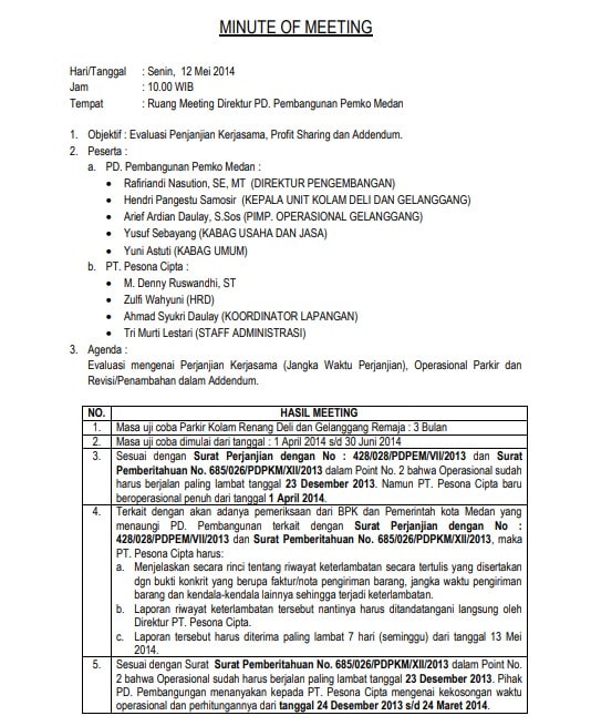 Contoh Minutes Of Meeting