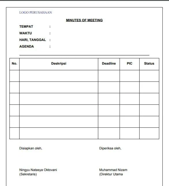 Contoh Format Minutes Of Meeting