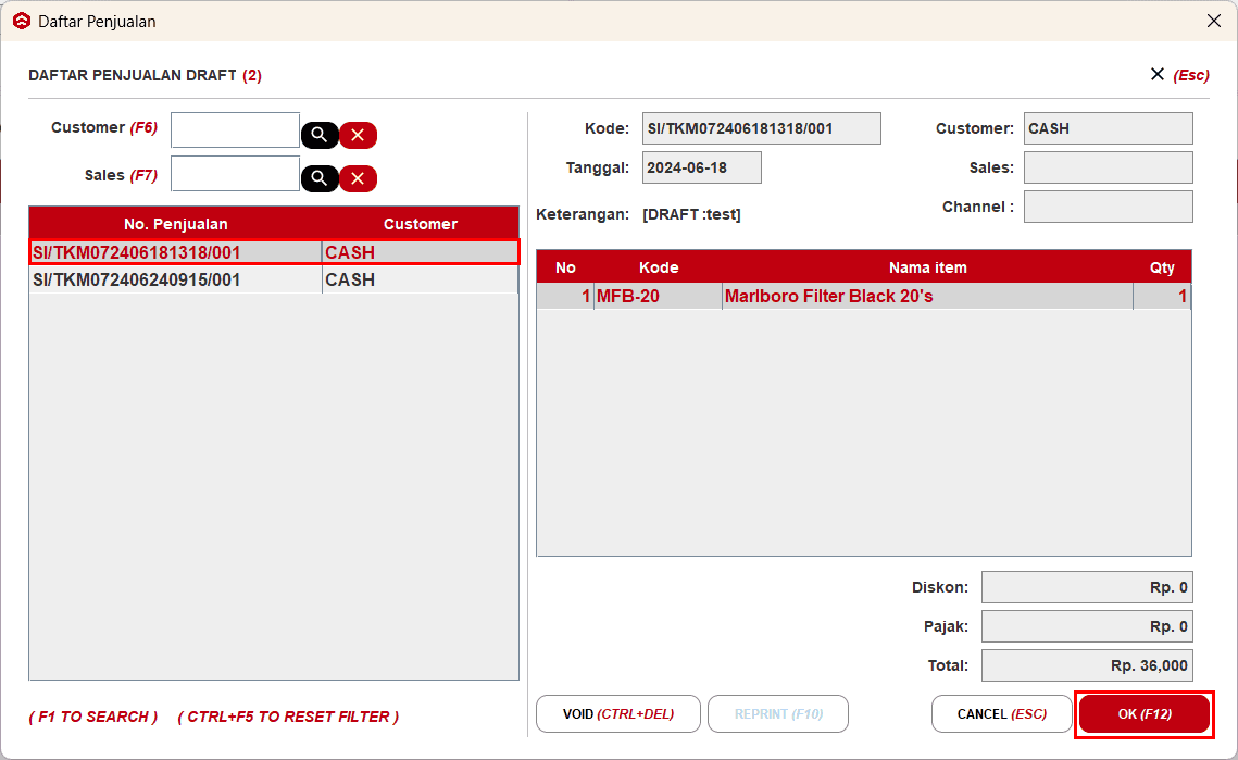 Melanjutkan Transaksi Draft