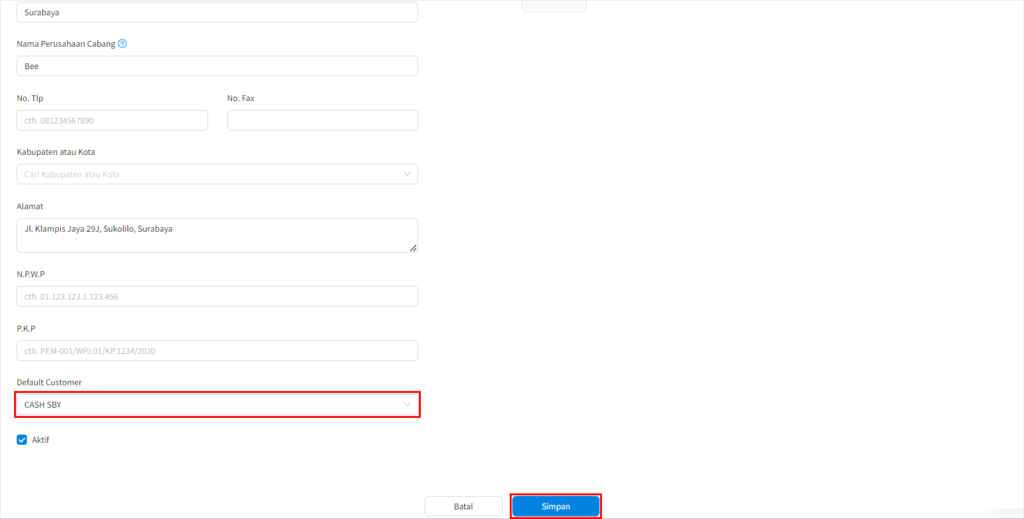 Customer Default Per Cabang - Beecloud 3.0