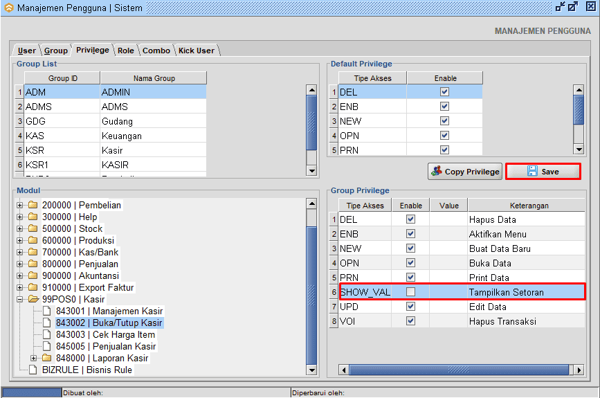 Setting Hak Akses Hilangkan Saldo Pemasukan dan Saldo Akhir Kasir Beeaccounting