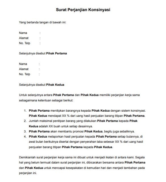 Contoh Surat Perjanjian Konsinyasi Barang