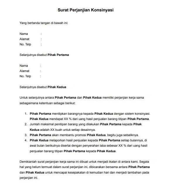 Contoh Surat Perjanjian Konsinyasi Barang