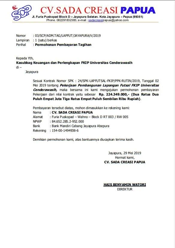 Contoh Surat Permohonan Pembayaran Tagihan