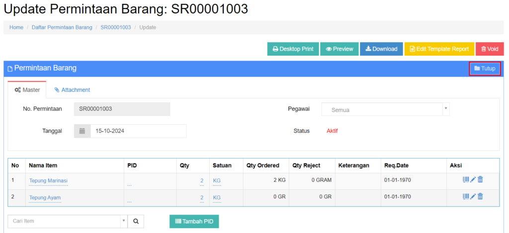 Tutup Transaksi Permintaan Barang - Beecloud