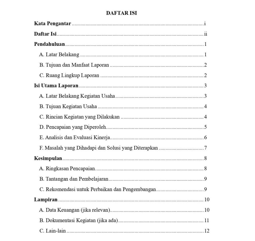 Daftar Isi Laporan Internal