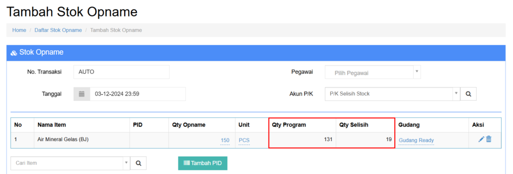 Menampilkan Qty Program Stock Opname - Beecloud