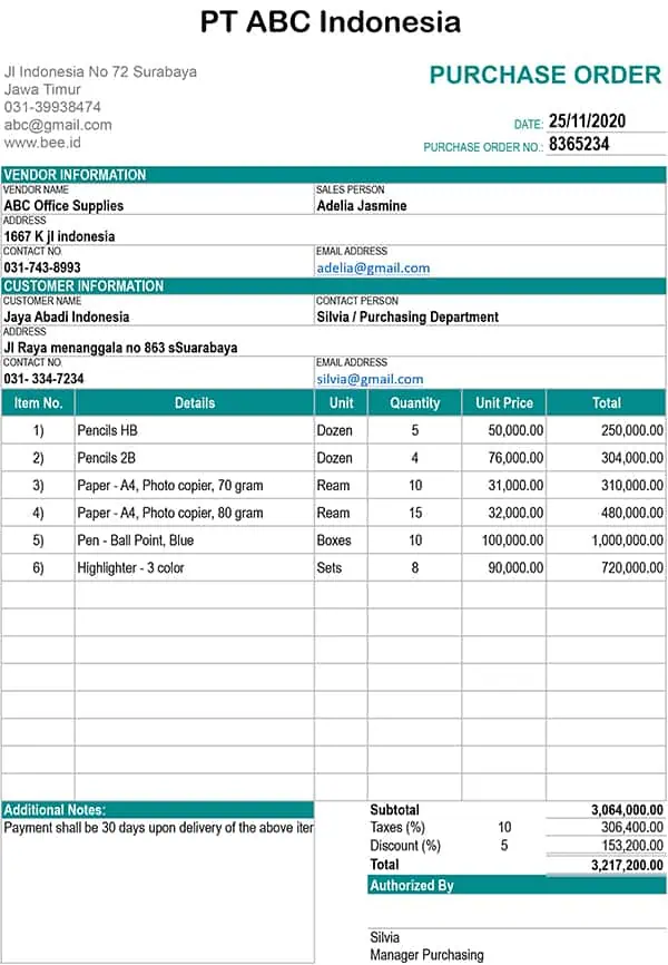 Contoh Bukti Purchase Order