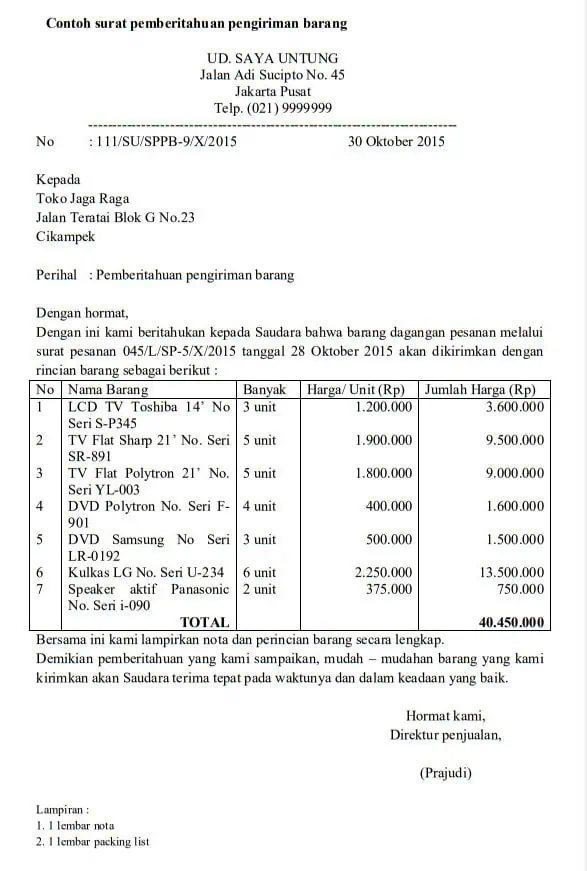 Contoh Surat Pemberitahuan Pengiriman Barang