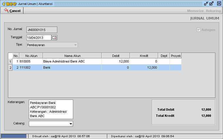 Cara Input Biaya Administrasi Bank