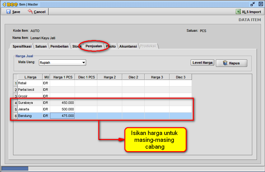 Setting Harga Per Cabang di BeeAccounting